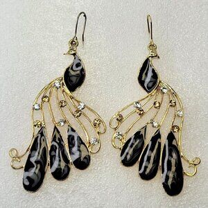 Peacock Chandelier Earrings Gold and Black Bird Earrings